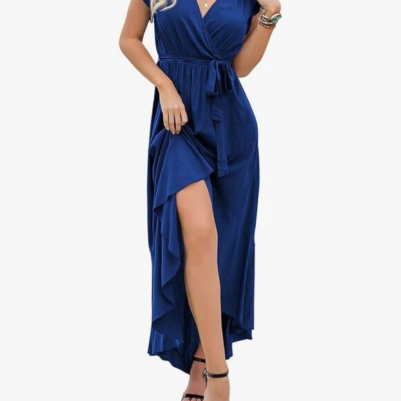 Grecerelle Boho Navy Blue V-Neck Faux Wrap. Maxi Dress. Medium *No Belt - Picture 6 of 11